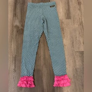 Matilda Jane Girls Blue Checkered & Hot Pink Ruffle Flare Leggings